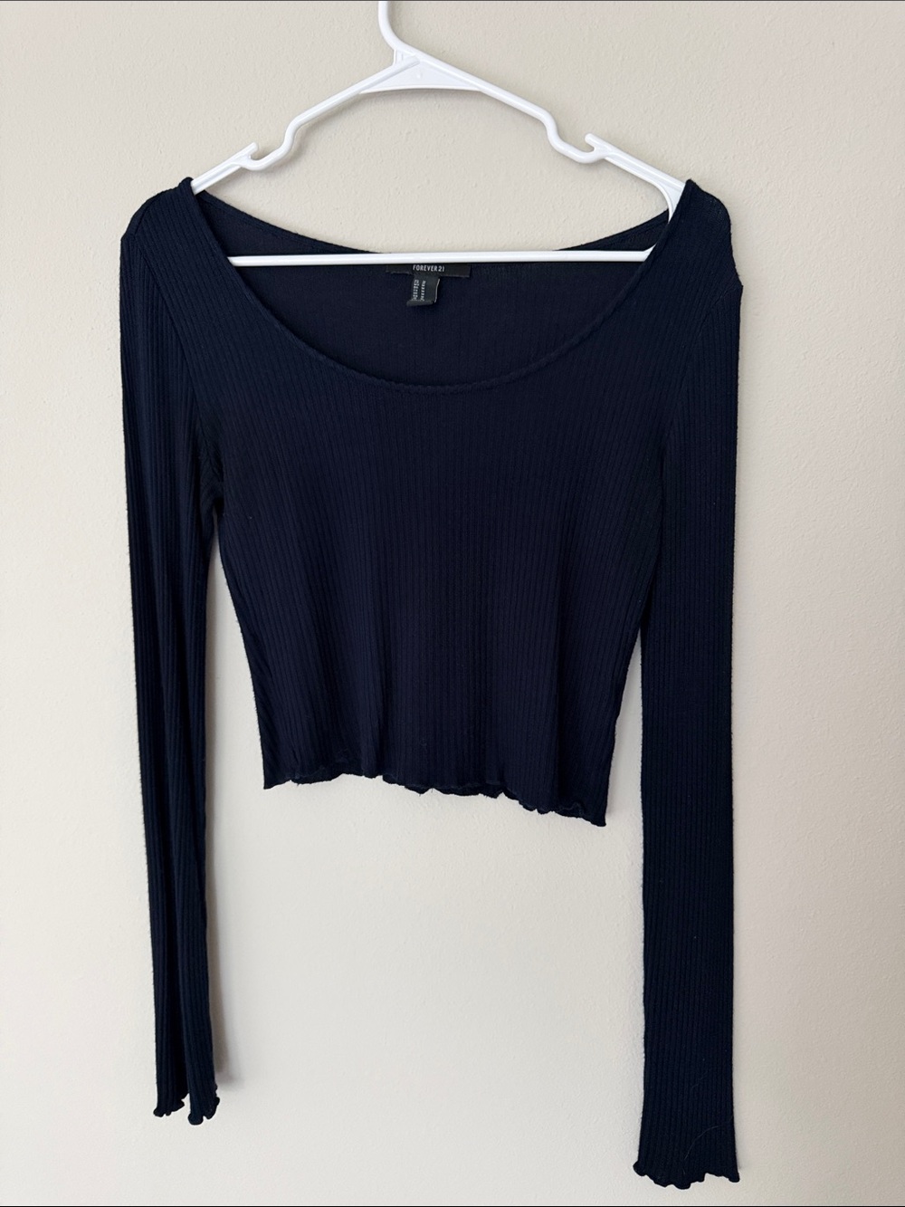 Forever 21 Navy Ribbed Long-Sleeve Scoop Neck Crop Top